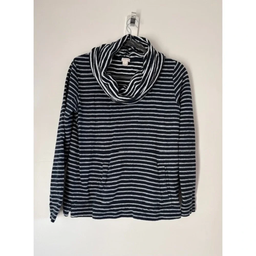 J.Crew Womens Navy White Striped‎ Cowl Neck Sweatshirt Kangaroo Pocket Size S